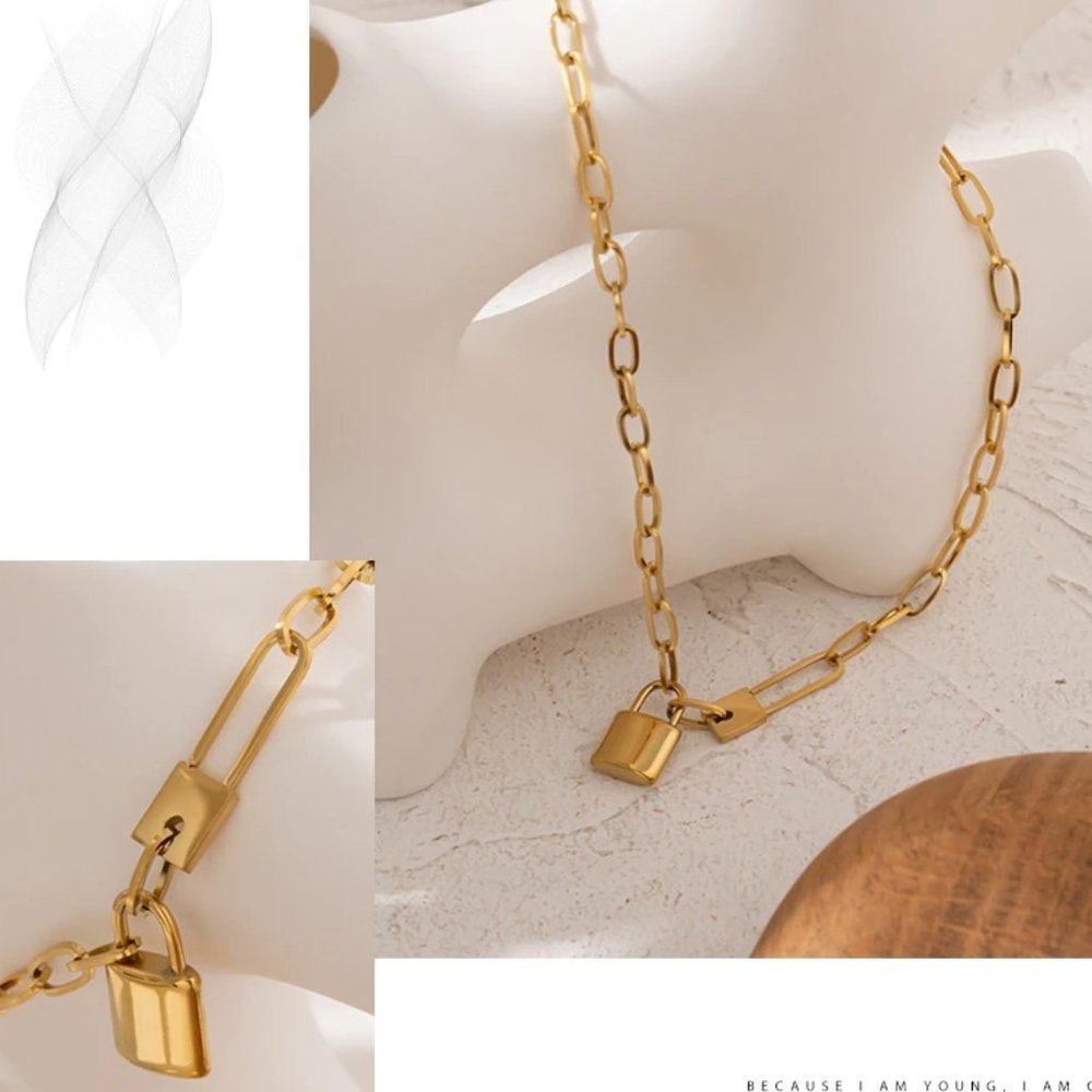 New 18K Gold Plated Lock Key Link Chain Necklace 9e - Picture 6 of 7